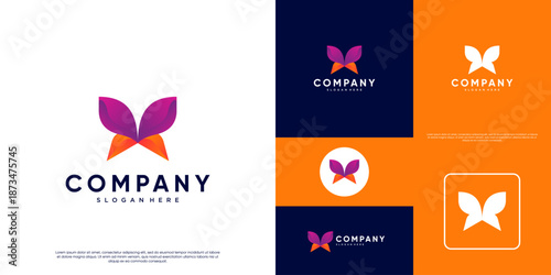 Butterfly logo with a concept of product innovation, modern style, beauty, luxury, vector graphic template.