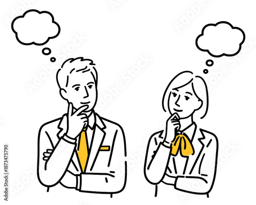 A man and woman in business attire thinking deeply with thought bubbles above their heads