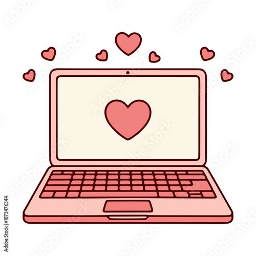 Cute Valentine’s Day Love Laptop Illustration. Pink Notebook with Heart on Screen, Floating Hearts and Romantic Digital Technology Concept.