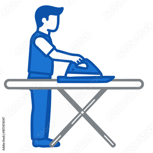 Stylized icon of a man ironing clothes on a board against a plain white background is useful for laundry service marketing.