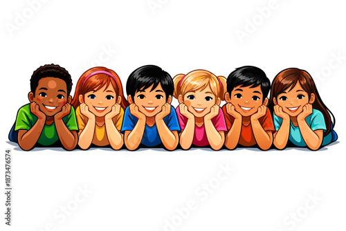 colorful group of happy children and young people posing in a row