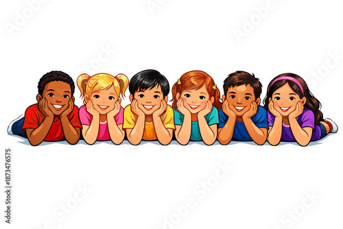 colorful group of happy children and young people posing in a row