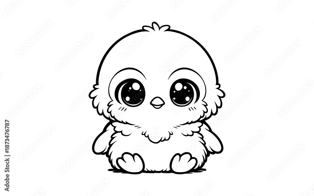 Fototapeta premium Cute kawaii chick with big eyes in black and white line art style