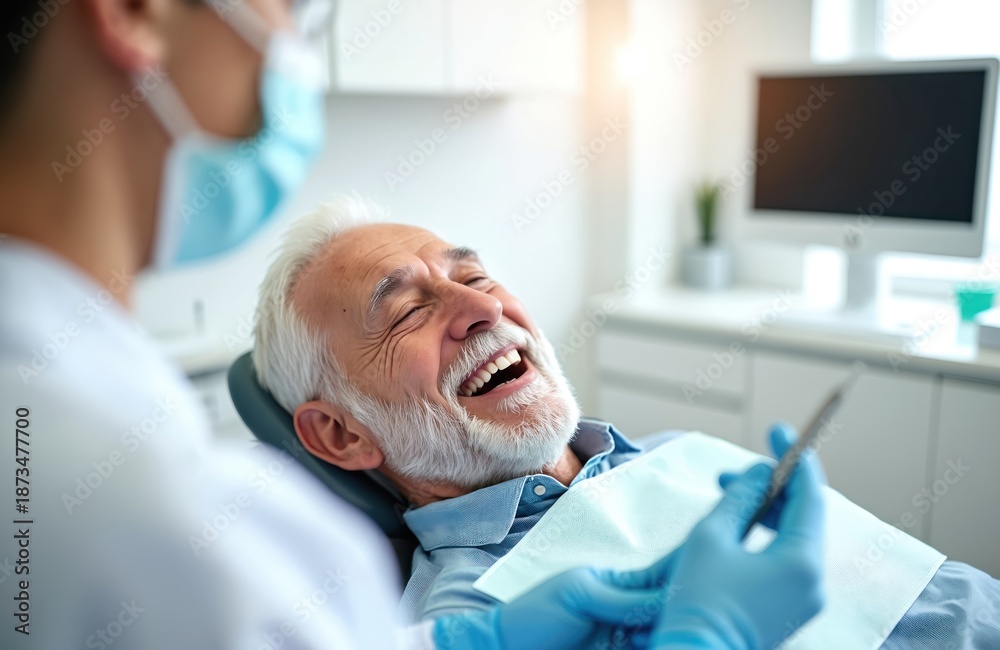 Obraz premium Elderly man laughs heartily in dentist chair. Dentist in mask and gloves prepares for examination. Senior patient feels comfortable and happy during dental check-up.