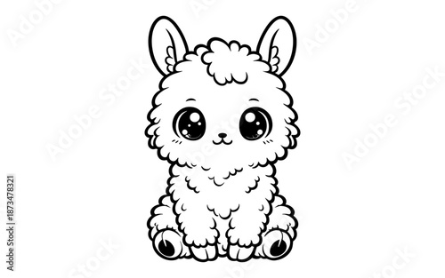 Cute kawaii alpaca with big eyes in black and white line art style