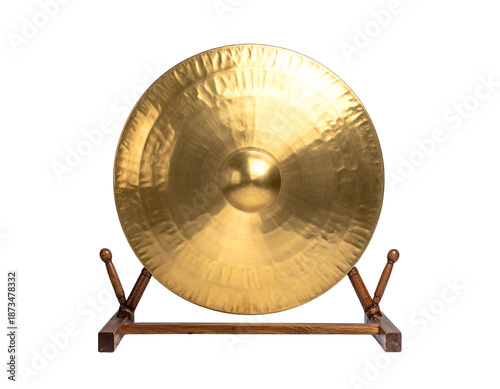 Brass gong on stand isolated against transparent background