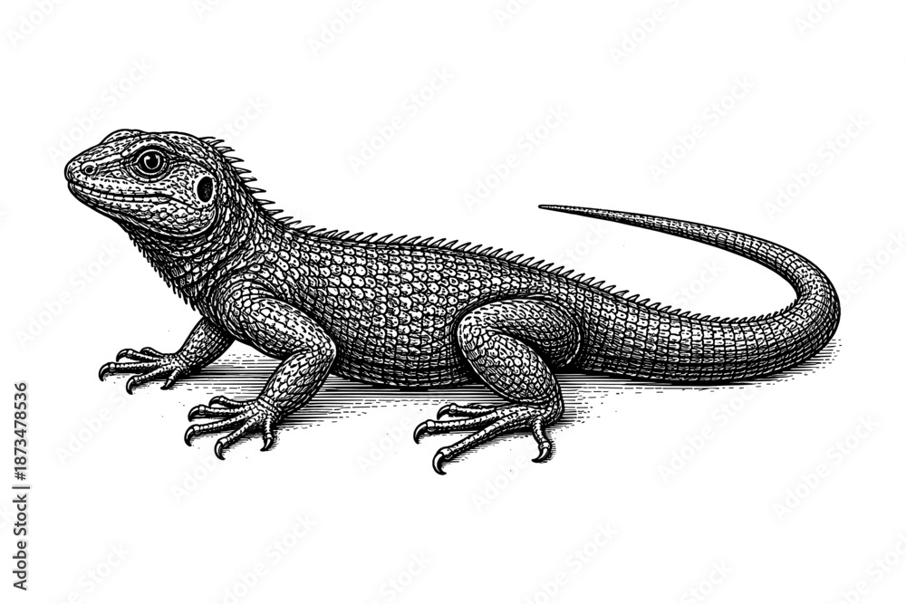 Obraz premium Detailed black and white lizard illustration with intricate scales and texture