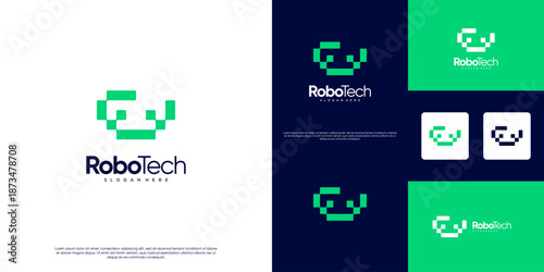 A fun, friendly, colorful robot logo, human helper, future technology, vector design template.