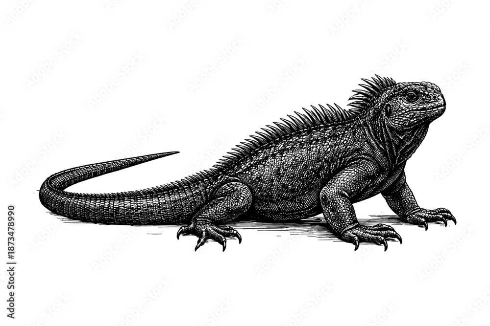 Fototapeta premium Detailed black and white illustration of a large iguana with textured scales