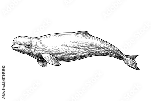 Intricate black and white beluga whale drawing with detailed features