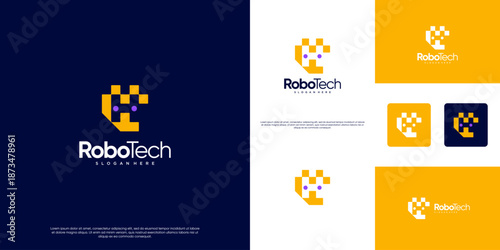 Minimalist robot head logo with pixel art style, modern abstract, digital innovation, graphic design template.