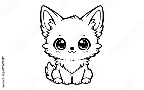 Cute kawaii style puppy with large eyes and fluffy fur in black and white