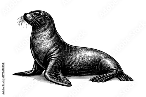 Detailed black and white illustration of a seal in profile view
