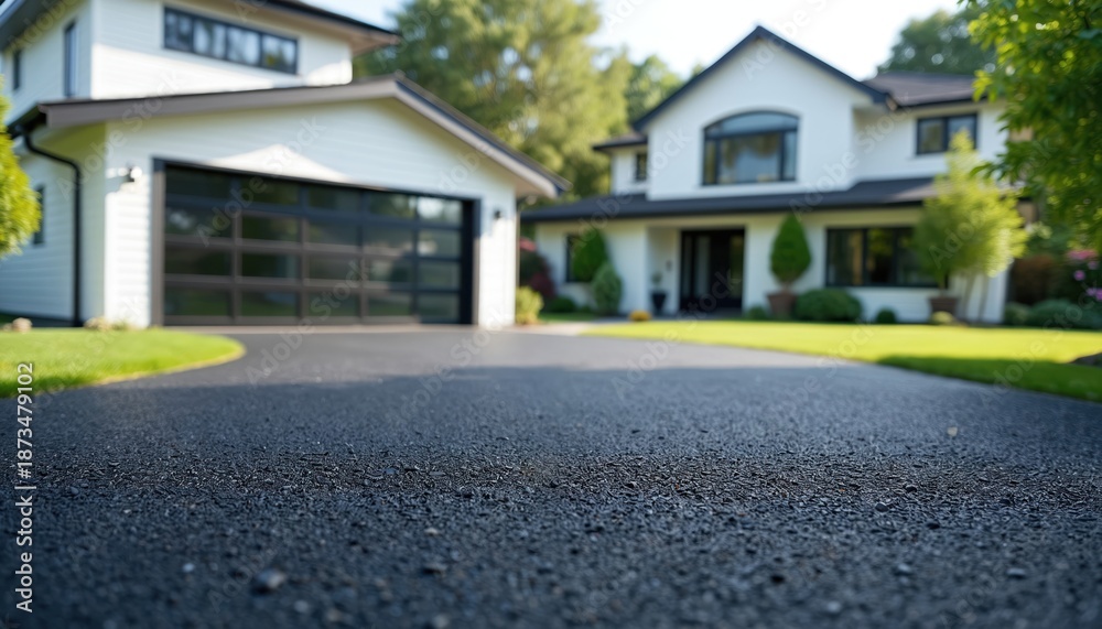 Fototapeta premium Newly paved asphalt driveway leads to modern suburban house with clean lawn. Driveway surface smooth, fresh blacktop material. Home exterior shows white siding, black trimmed windows, glass garage