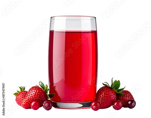 Fresh strawberry juice in glass with berries isolated