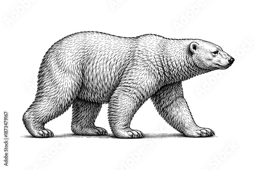 Detailed black and white polar bear walking silhouette illustration