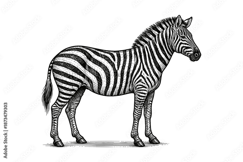 Fototapeta premium Detailed monochrome illustration of a zebra with striking stripes