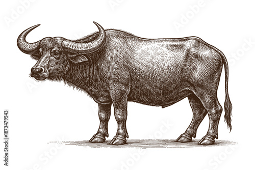 Detailed vintage illustration of african buffalo side view in brown ink