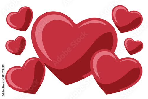 A cluster of shiny red hearts on a white background, symbolizing love and affection.