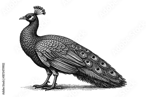 Elegant detailed illustration of a majestic peacock in black and white