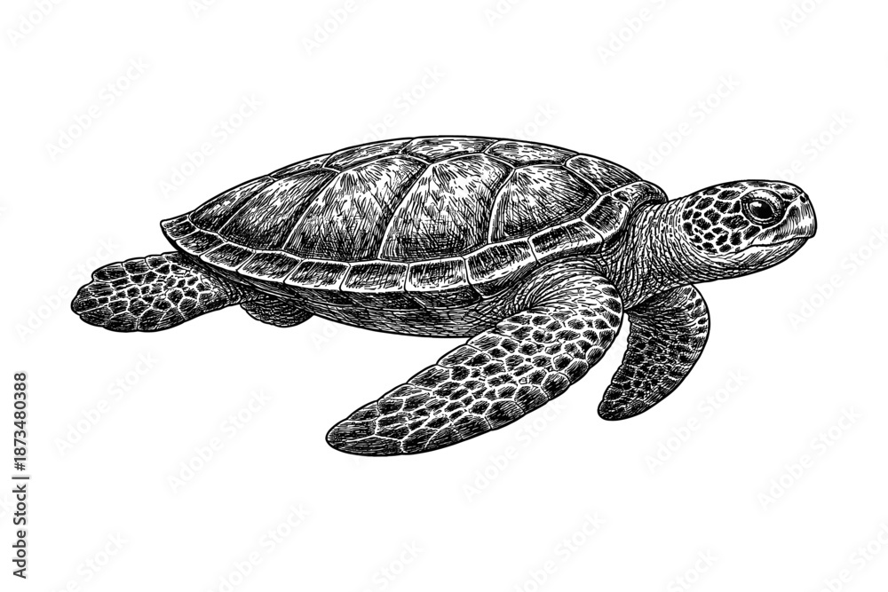 Obraz premium Intricate black and white engraving of a sea turtle with detailed shell