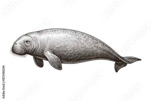 Detailed vintage sketch of a manatee in profile view