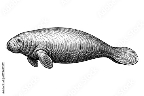 Detailed black and white illustration of a manatee in side view