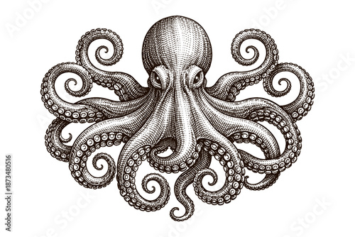 Detailed vintage octopus illustration with intricate tentacles and engraved style