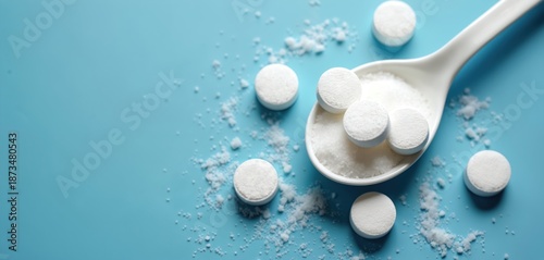 White tablets and granular sweetener on spoon with blue backdrop. Sweetener alternatives for low calorie diet. Sugar substitute pills are portioned.
