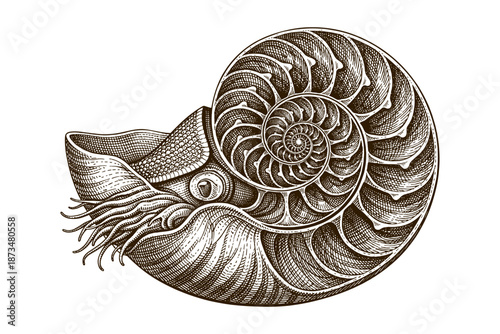 Detailed vintage nautilus illustration with intricate shell design