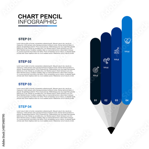 Pencil chart infographic with 4 step illustration and business vector icon, useful for business presentation, company report, web, ui ux, button, cover, business poster. Vector editable