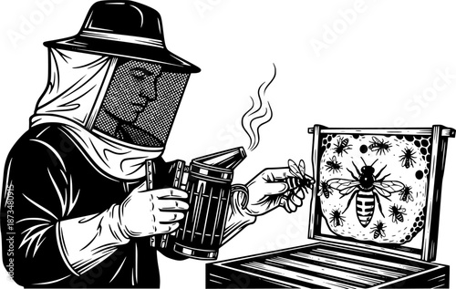 Woodcut Illustration: Beekeeper with Bee Smoker Inspecting a Que
