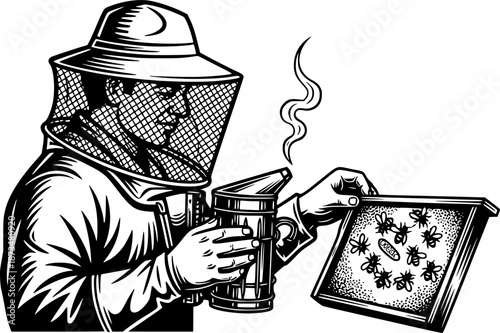 Woodcut Illustration: Beekeeper with Bee Smoker Inspecting a Que

