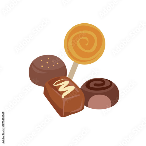 A collection of sweet and tempting candies, filled chocolates, and lollipops