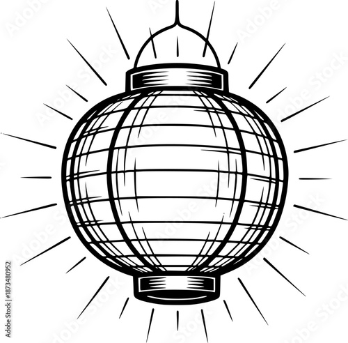 Engraved illustration of a traditional asian lantern with radial
