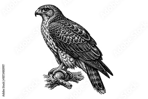 Detailed black and white falcon illustration on branch with intricate feather design