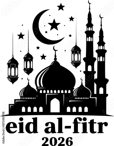 Silhouette of a grand mosque with crescent moon and lanterns for eid al fitr celebration
