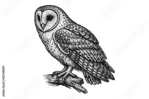 Detailed vintage-inspired black and white barn owl engraving on branch
