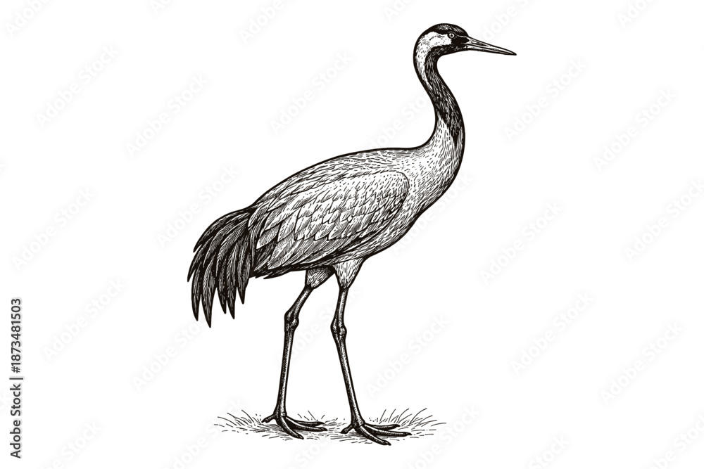 Fototapeta premium Detailed black and white illustration of a standing crane bird