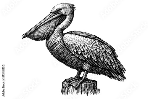 Detailed illustration of pelican standing on a wooden post with spread wings