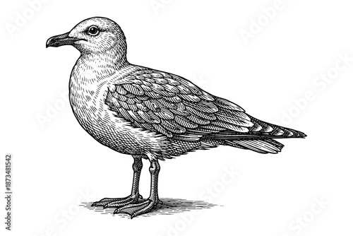 Detailed black and white engraving of a standing seagull