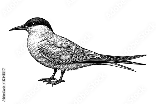 Vintage black and white engraving of a tern with detailed feather patterns