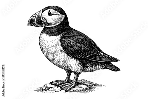 Detailed black and white engraving of an atlantic puffin on rock