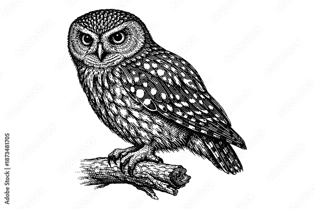 Fototapeta premium Intricate black and white illustration of spotted owl perched on branch