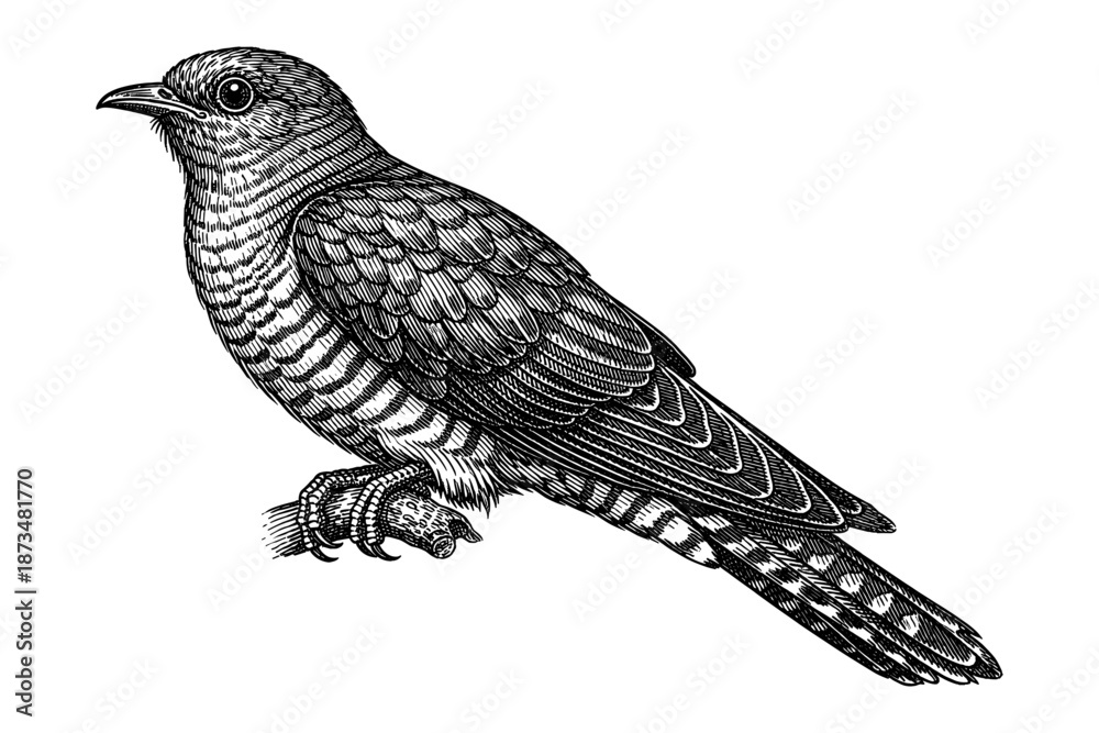 Fototapeta premium Intricate black and white illustration of a cuckoo bird on branch