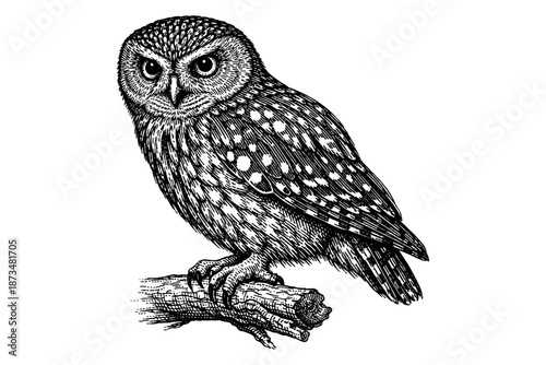 Intricate black and white illustration of spotted owl perched on branch