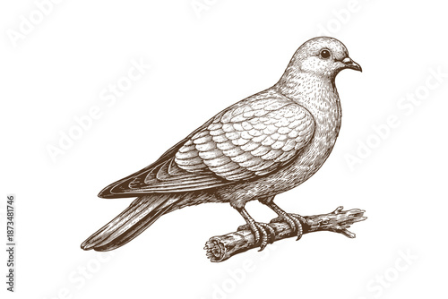 Detailed vintage sketch of a dove on a branch