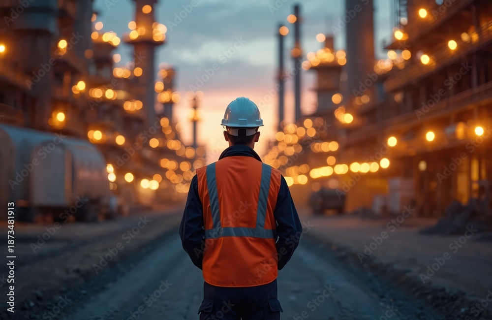 Fototapeta premium Engineer in hard hat and vest looks at industrial facility. Man oversees complex structure during development. Future project planning at manufacturing plant.