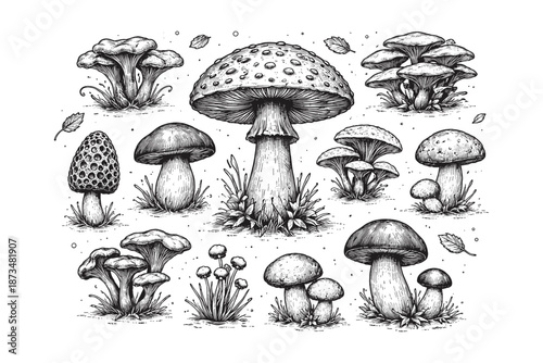 Collection of intricate black and white mushroom illustrations of various species