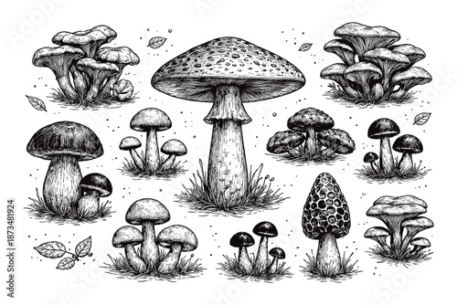 Detailed black and white ink illustrations of diverse mushroom varieties